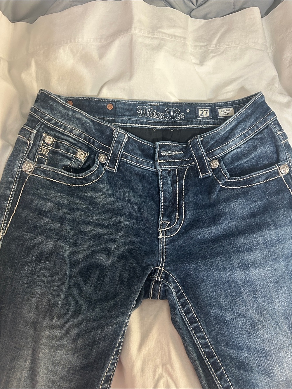 Miss Me Dark Blue Embellished Wide Leg Jeans - Picture 4 of 5